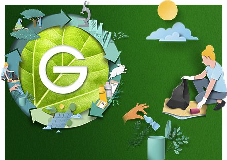 Green beauty logo on dark green background with woman cleaning up trash